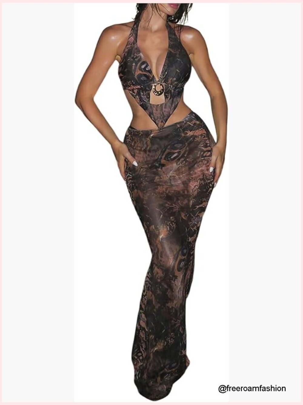 3 Piece Graphic Halter Bikini Set with Cut Out Metal Ring Thong & Cover Up Skirt